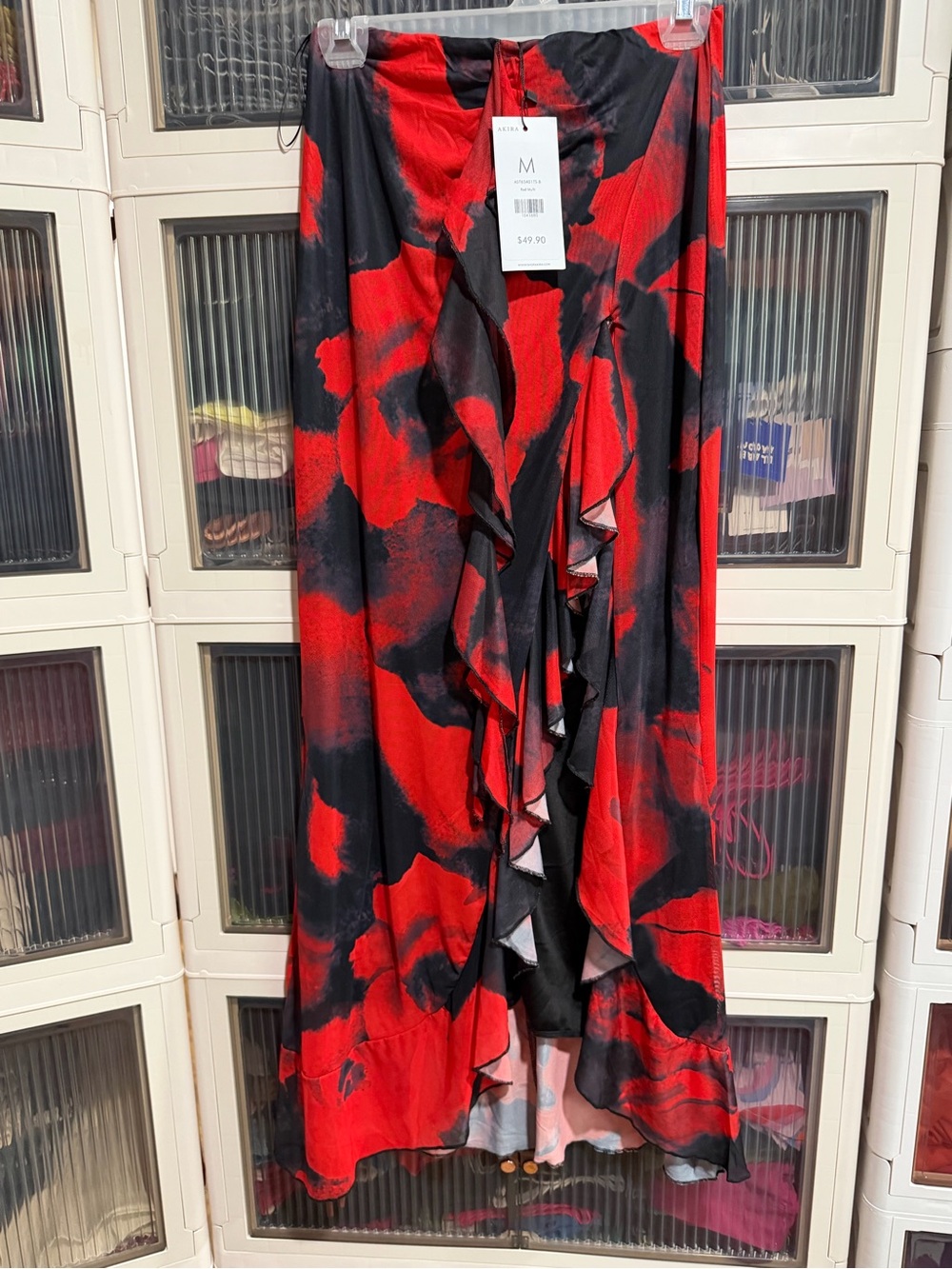 AKIRA Red & Black Ruffled High-Low Skirt